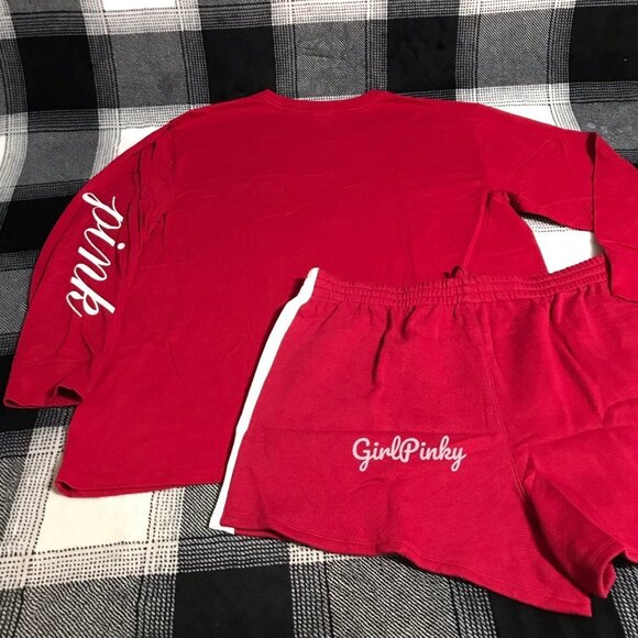 Victoria's Secret PINK short OUTFIT IN RED LACQUER LOGO WITH CAMPUS TEE SIZE XL - Picture 8 of 9